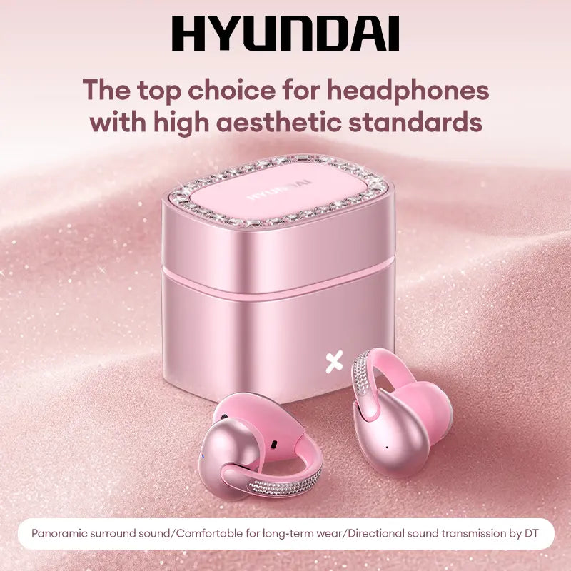 HYUNDAI C05 Fashion Clip-On Wireless Headphones with Bluetooth 6.0, OWS Open-Ear Air Conduction, Luxury Pink Diamond Jewelry Design, Lightweight & Comfortable Fit, Stylish Earbuds for Women & Girls, Ideal Gift, Compatible with Android & Ios