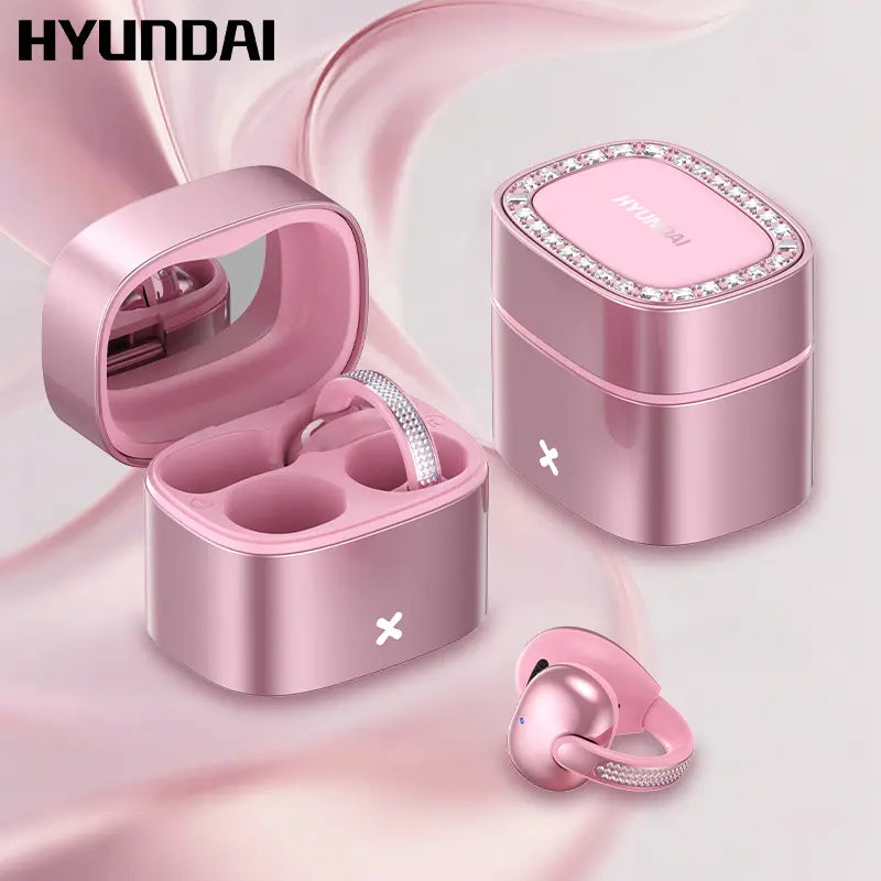 HYUNDAI C05 Fashion Clip-On Wireless Headphones with Bluetooth 6.0, OWS Open-Ear Air Conduction, Luxury Pink Diamond Jewelry Design, Lightweight & Comfortable Fit, Stylish Earbuds for Women & Girls, Ideal Gift, Compatible with Android & Ios