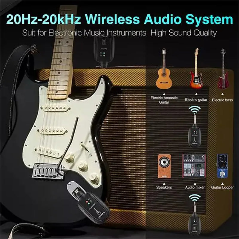 LEKATO Wireless Guitar System Built-In Rechargeable 4 Channels Wireless Guitar Transmitter Receiver for Electric Guitar Bass Violin(A8)