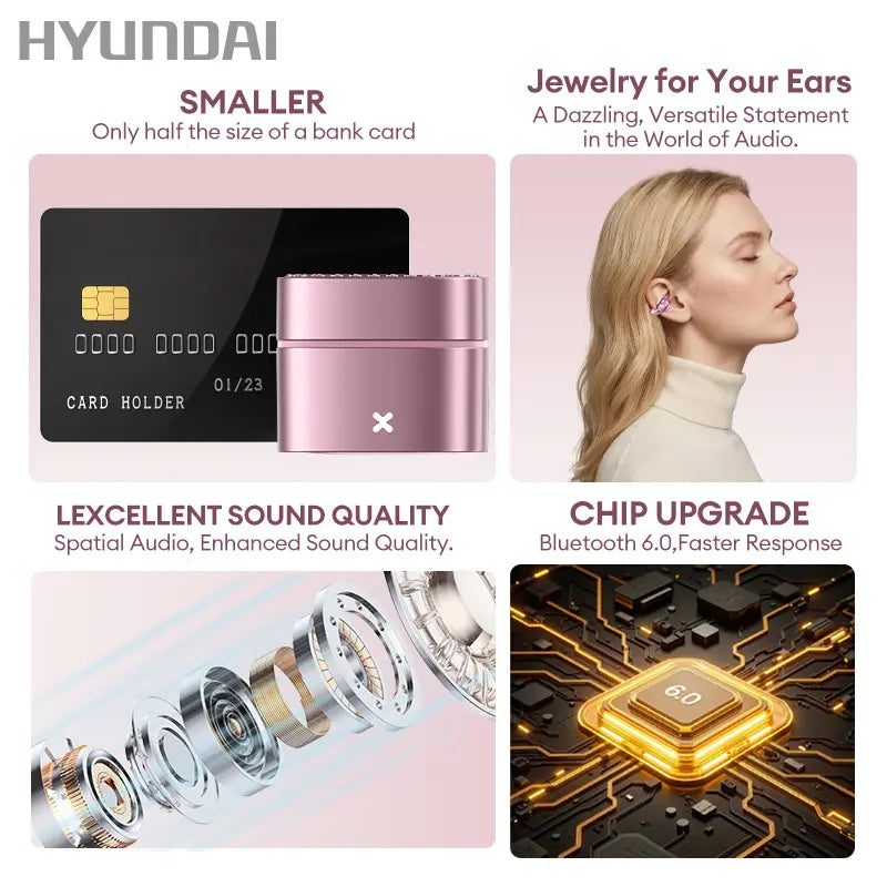 HYUNDAI C05 Fashion Clip-On Wireless Headphones with Bluetooth 6.0, OWS Open-Ear Air Conduction, Luxury Pink Diamond Jewelry Design, Lightweight & Comfortable Fit, Stylish Earbuds for Women & Girls, Ideal Gift, Compatible with Android & Ios