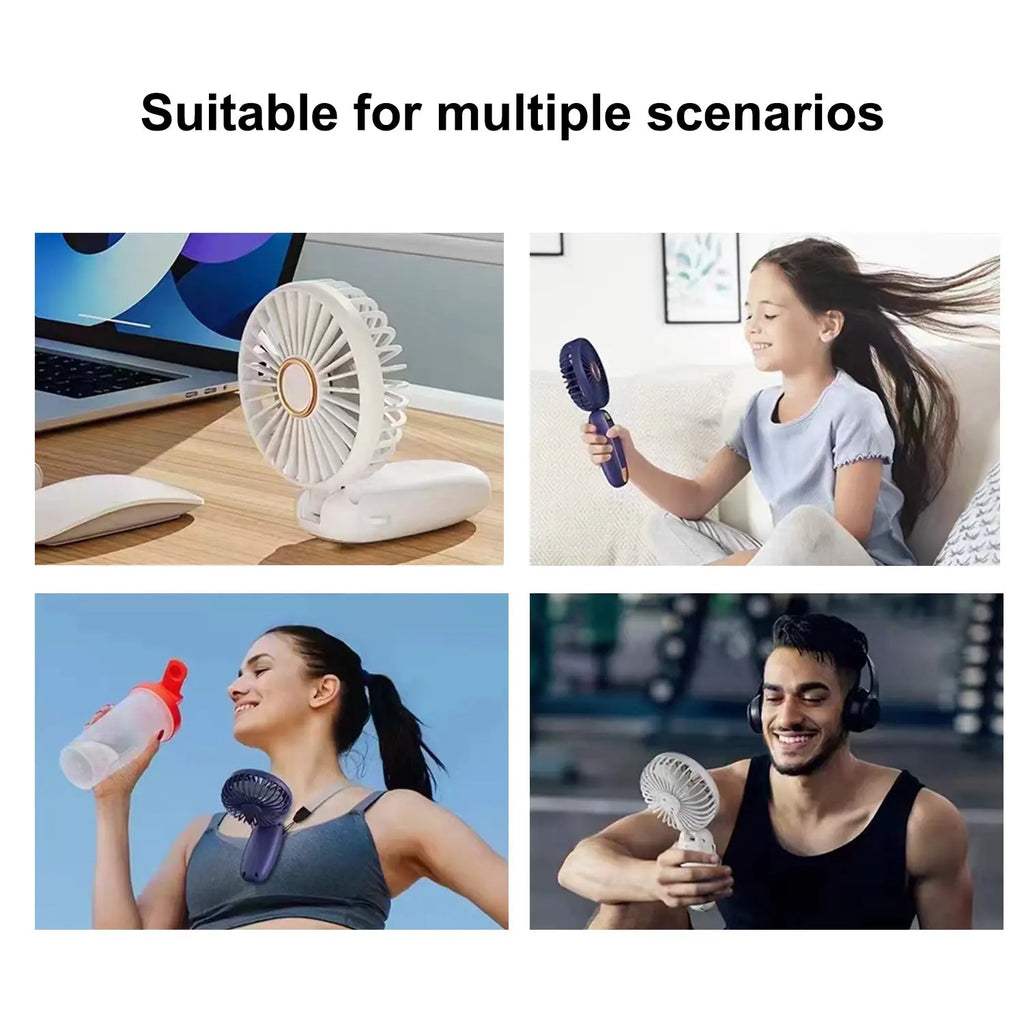Portable Handheld Fan with Base & Lanyard, USB Rechargeable Small Fan with Adjustable 5 Speeds & LED Power Display, Foldable Personal Fan for Office Bedroom Outdoor Travel Camping