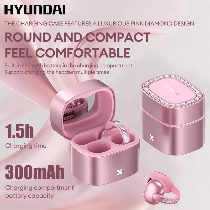 HYUNDAI C05 Fashion Clip-On Wireless Headphones with Bluetooth 6.0, OWS Open-Ear Air Conduction, Luxury Pink Diamond Jewelry Design, Lightweight & Comfortable Fit, Stylish Earbuds for Women & Girls, Ideal Gift, Compatible with Android & Ios