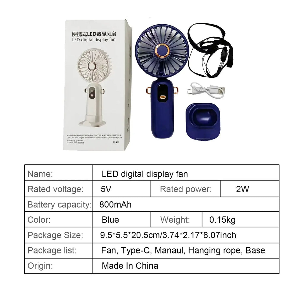 Portable Handheld Fan with Base & Lanyard, USB Rechargeable Small Fan with Adjustable 5 Speeds & LED Power Display, Foldable Personal Fan for Office Bedroom Outdoor Travel Camping