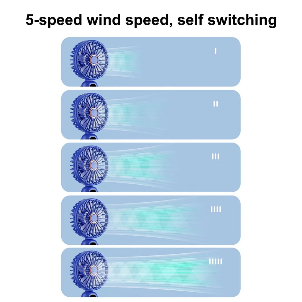 Portable Handheld Fan with Base & Lanyard, USB Rechargeable Small Fan with Adjustable 5 Speeds & LED Power Display, Foldable Personal Fan for Office Bedroom Outdoor Travel Camping
