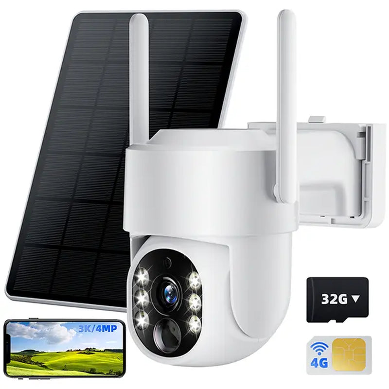 No Wifi Solar Camera 4G LTE Cellular Solar 4MP/3K Security Camera, No Wifi Required, Solar Cell Battary Powered Outdoor Camera, 360° View, AI Tracking, Color Night Vision, Built-In 4G SIM Card and SD Card