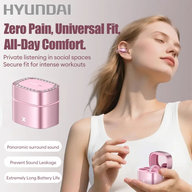 HYUNDAI C05 Fashion Clip-On Wireless Headphones with Bluetooth 6.0, OWS Open-Ear Air Conduction, Luxury Pink Diamond Jewelry Design, Lightweight & Comfortable Fit, Stylish Earbuds for Women & Girls, Ideal Gift, Compatible with Android & Ios
