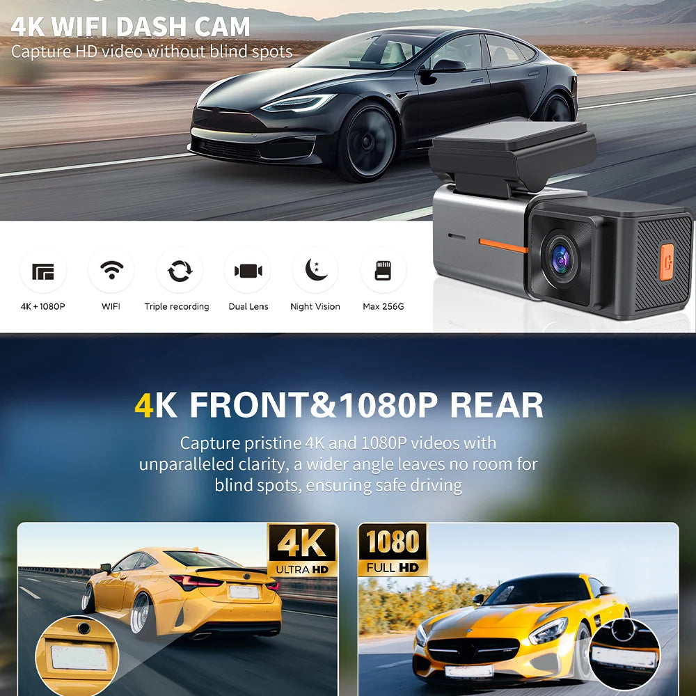 4k Car Camera Wifi Dash Cam 4k Front and Rear Camera Dashcam Dash Smart WiFi Dash Camera 4k Car Dashcam 4k Camera for Cars