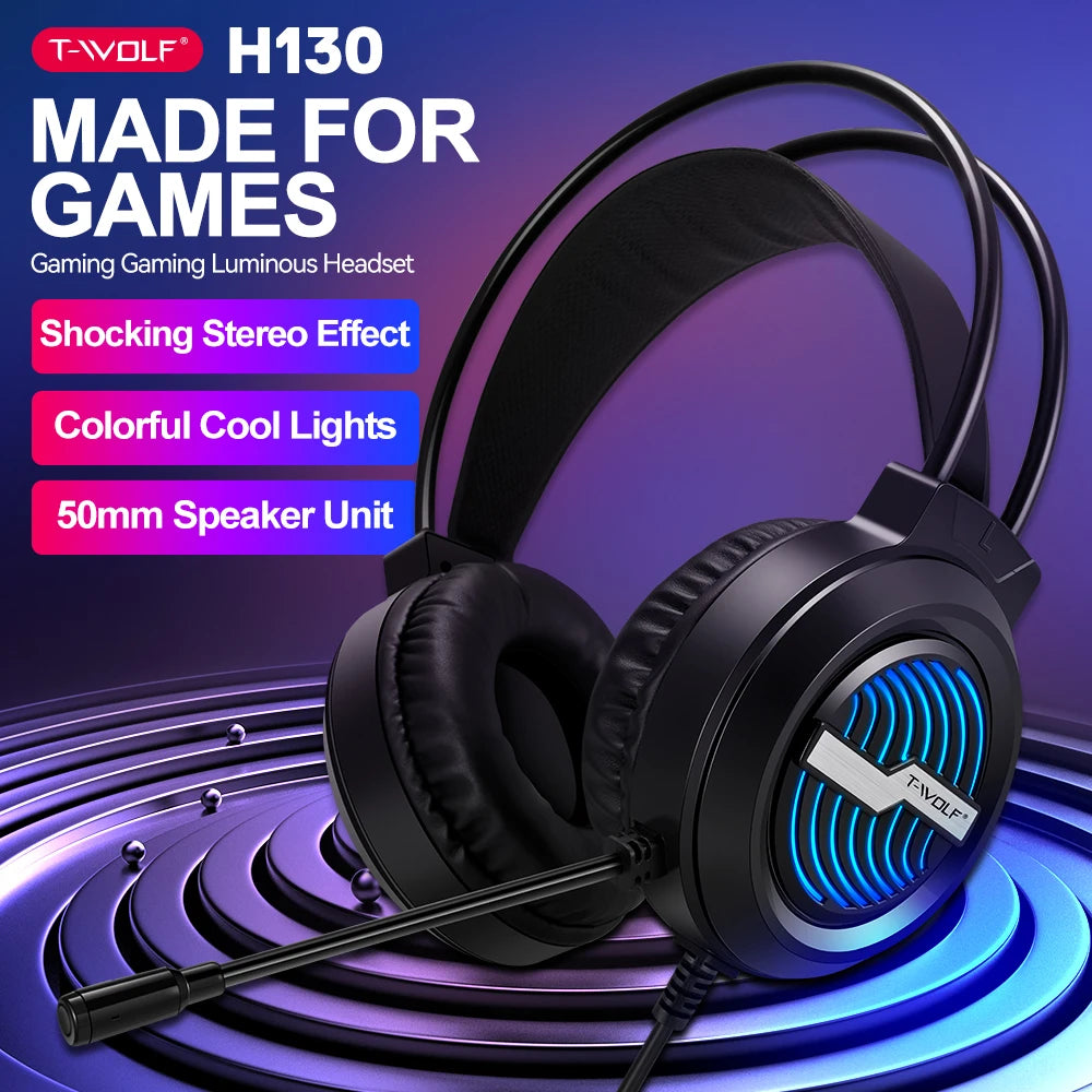 T-WOLF H130 Wired Gaming Headphopnes with Microphone LED Colorful Lights Headphone Computer Headset for Laptop Desktop Tablet Pc