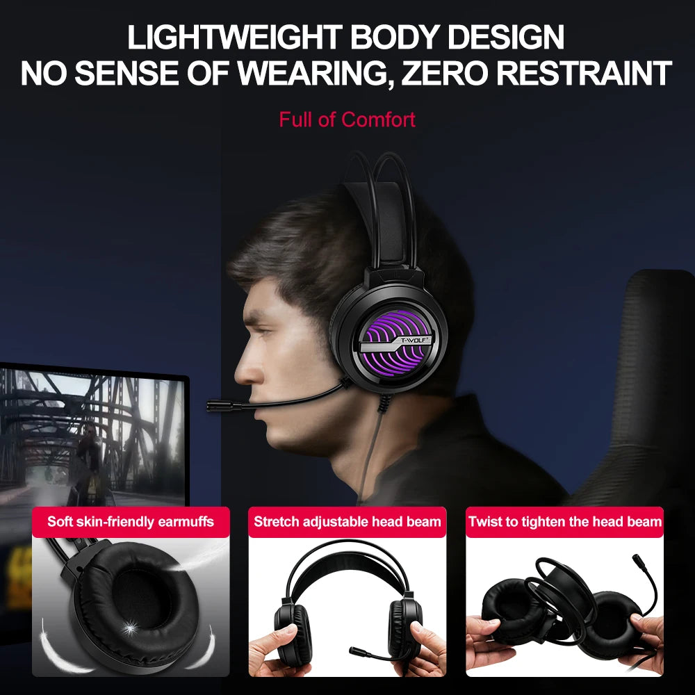 T-WOLF H130 Wired Gaming Headphopnes with Microphone LED Colorful Lights Headphone Computer Headset for Laptop Desktop Tablet Pc