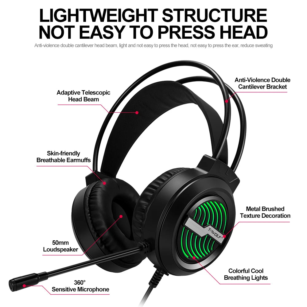 T-WOLF H130 Wired Gaming Headphopnes with Microphone LED Colorful Lights Headphone Computer Headset for Laptop Desktop Tablet Pc