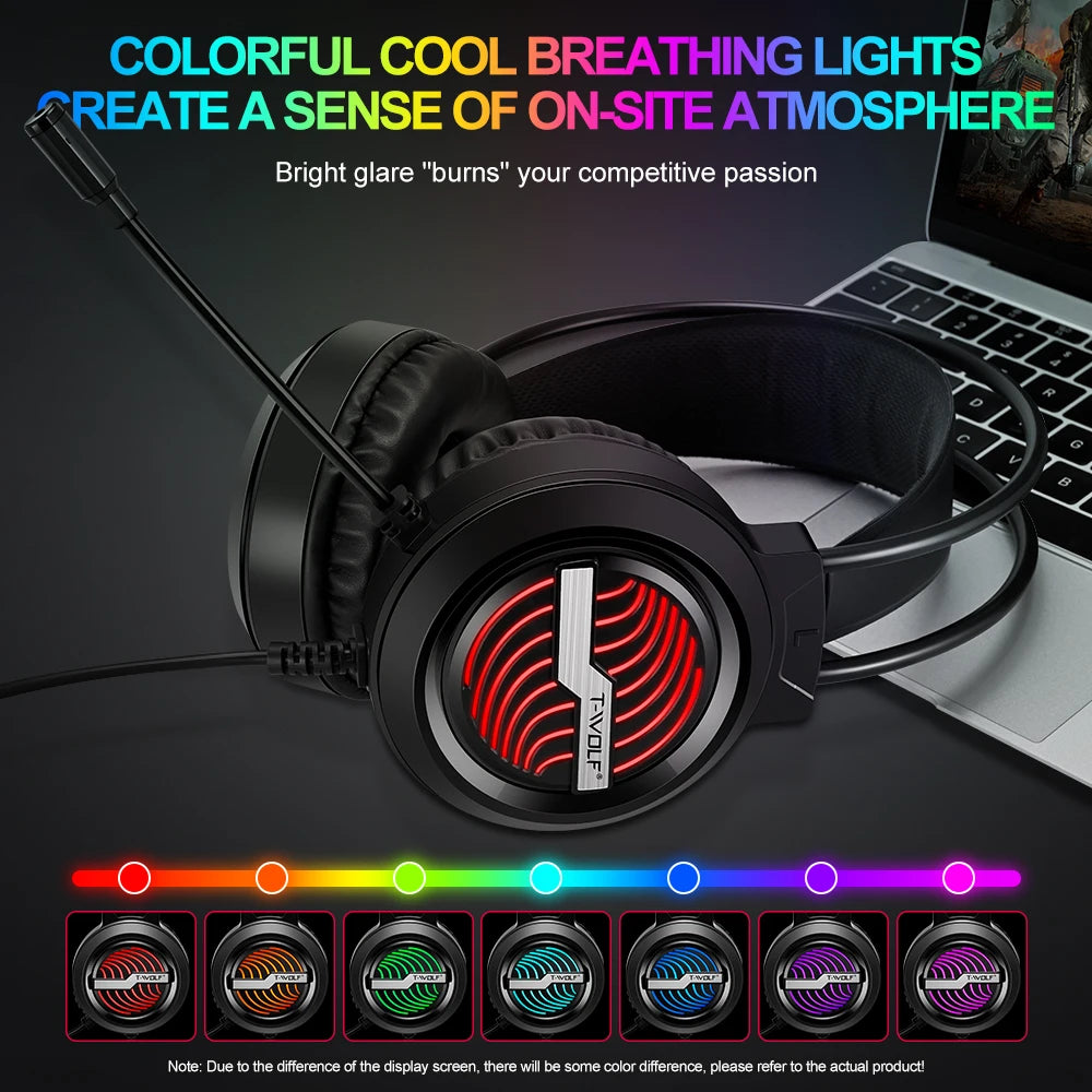 T-WOLF H130 Wired Gaming Headphopnes with Microphone LED Colorful Lights Headphone Computer Headset for Laptop Desktop Tablet Pc
