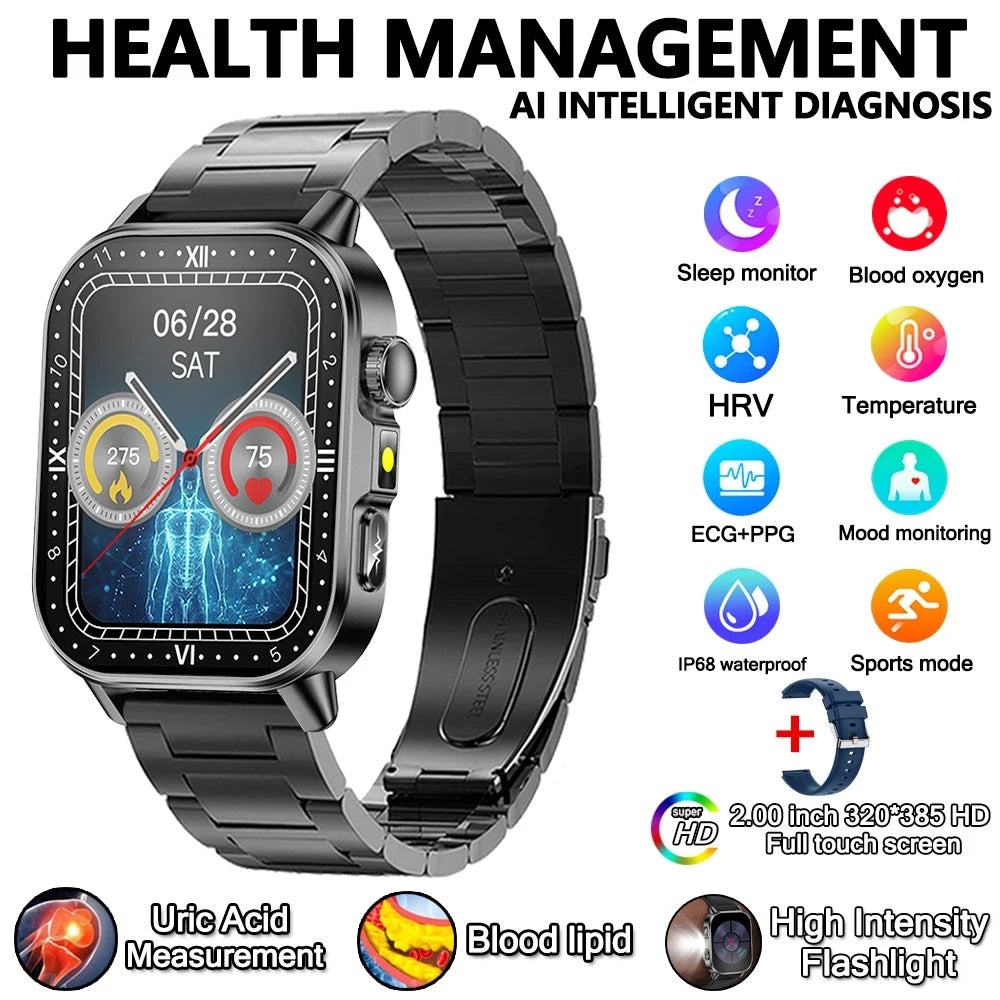 2026 New Health Nursing Grade Smart Watch Men Blood Lipid Uric Acid Tracker ECG+PPG Clock Bluetooth Call Smartwatches Men Women