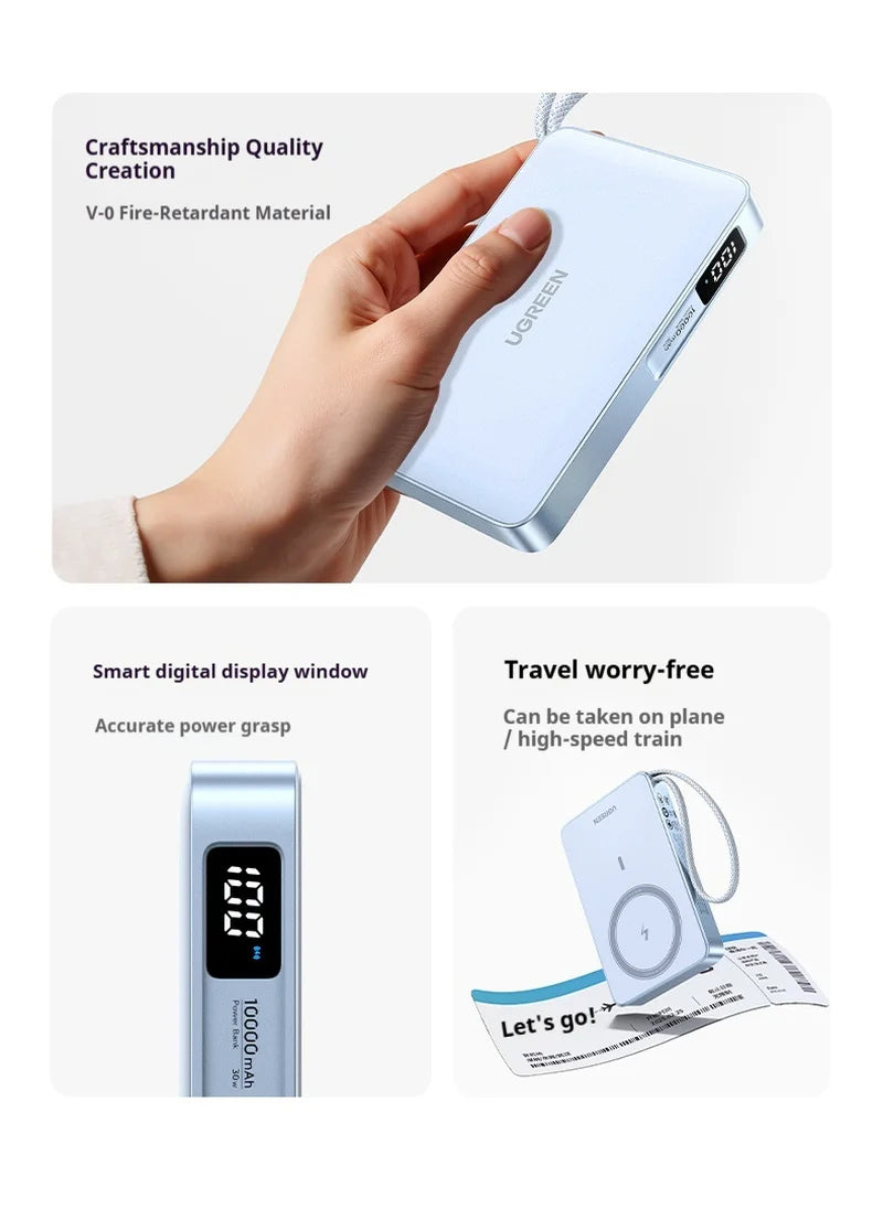 UGREEN 30W Magnetic Power Bank 10000mAh High-Capacity Digital Display Wireless Charging Power Built in USB-C Cable PowerBank CCC