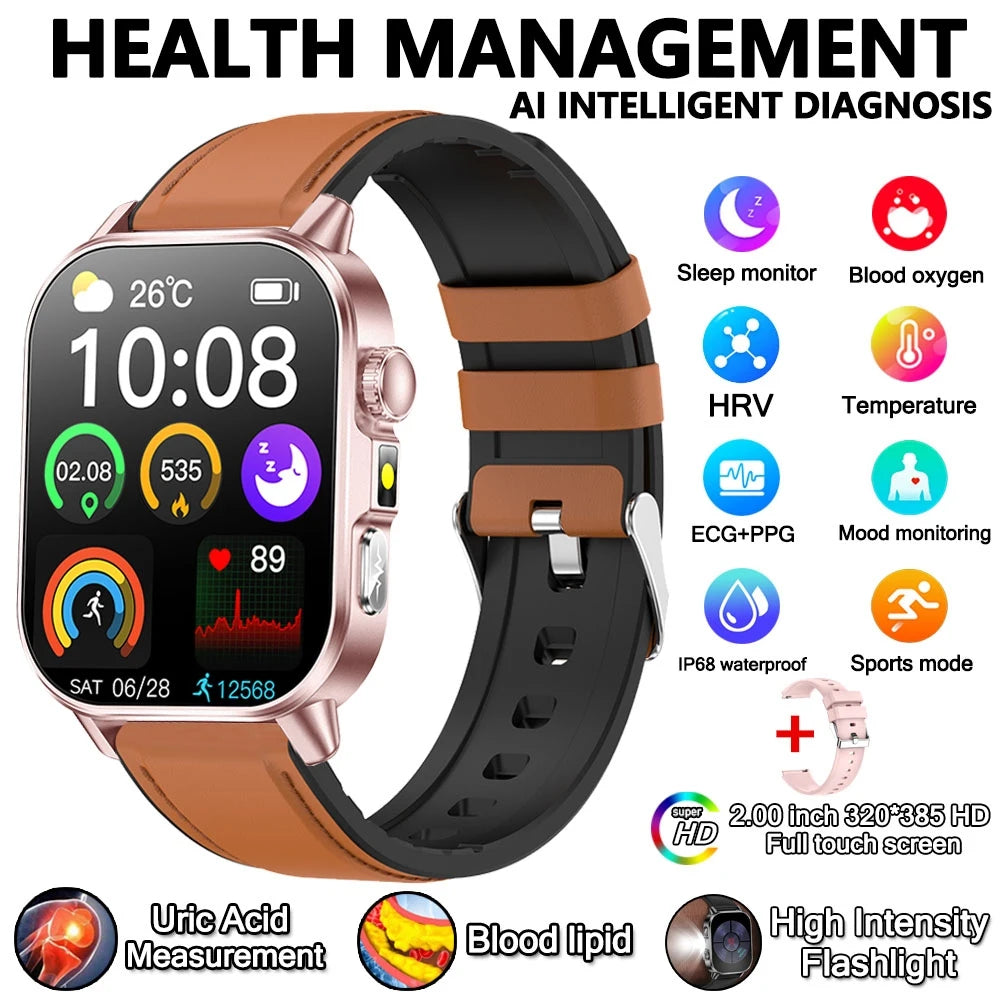 2026 New Health Nursing Grade Smart Watch Men Blood Lipid Uric Acid Tracker ECG+PPG Clock Bluetooth Call Smartwatches Men Women