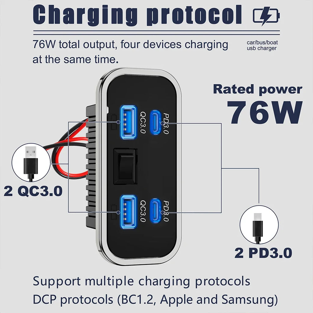 4 Ports 12V RV USB Outlet 76W Dual PD3.0 Type-C Quick Charge & QC3.0 Panel Wall Mount Charger Adapter For Marine Bus ATV Truck