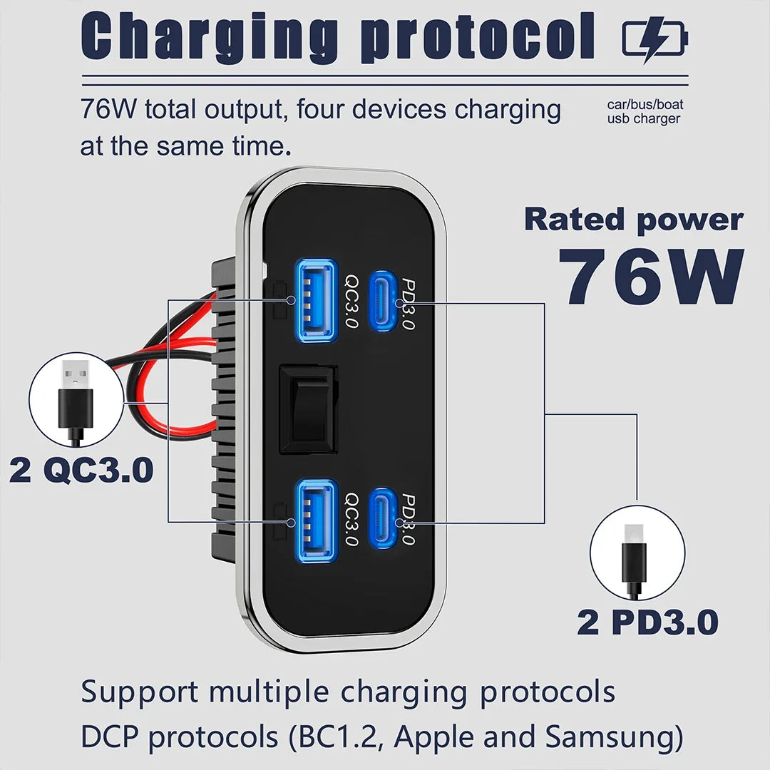 4 Ports 12V RV USB Outlet 76W Dual PD3.0 Type-C Quick Charge & QC3.0 Panel Wall Mount Charger Adapter For Marine Bus ATV Truck