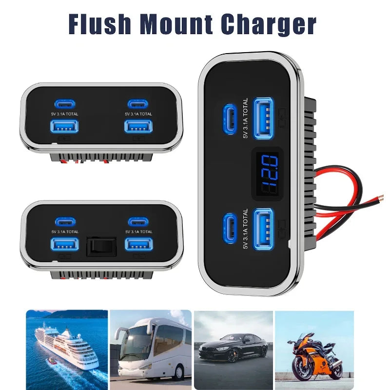 4 Ports 12V RV USB Outlet 76W Dual PD3.0 Type-C Quick Charge & QC3.0 Panel Wall Mount Charger Adapter For Marine Bus ATV Truck