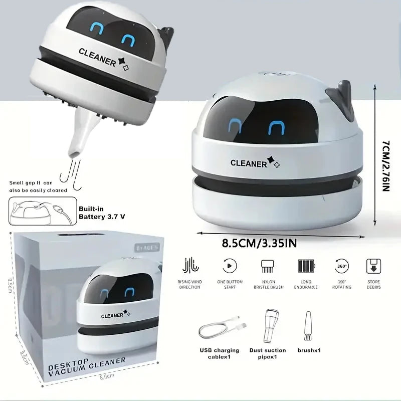 Mini Desktop Vacuum Cleaner Portable USB Rechargeable Battery Powered Robot Cute Shape Silent Pick Up Small Objects Debris Gift