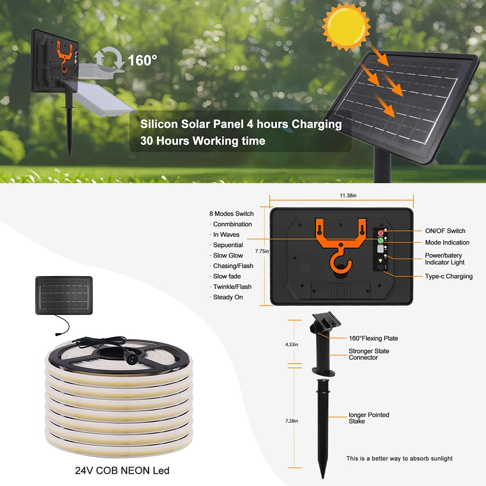 LED Neon Light Strip Solar 24V Waterproof 8 Modes 320LEDs/m Flexible Lamp IP68 Party Garden Outdoor Decoration 0.5m 1m 2m 3m 5m