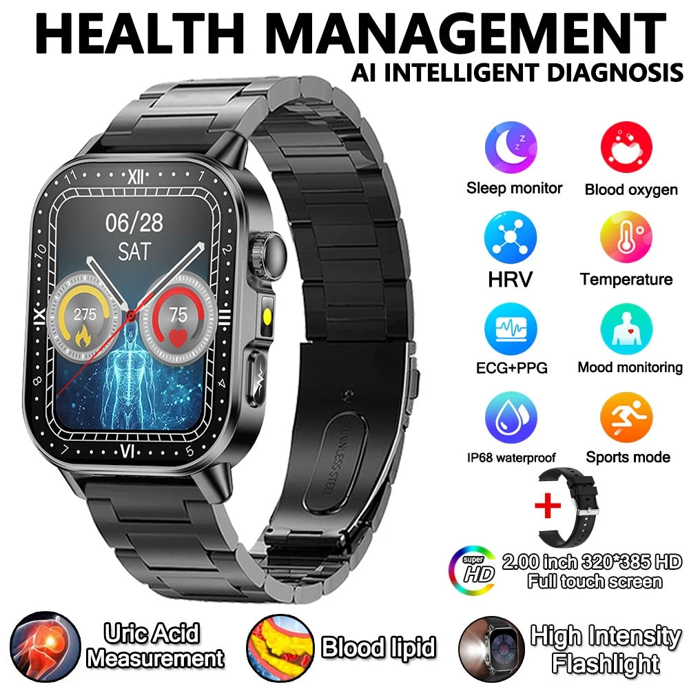 2026 New Health Nursing Grade Smart Watch Men Blood Lipid Uric Acid Tracker ECG+PPG Clock Bluetooth Call Smartwatches Men Women