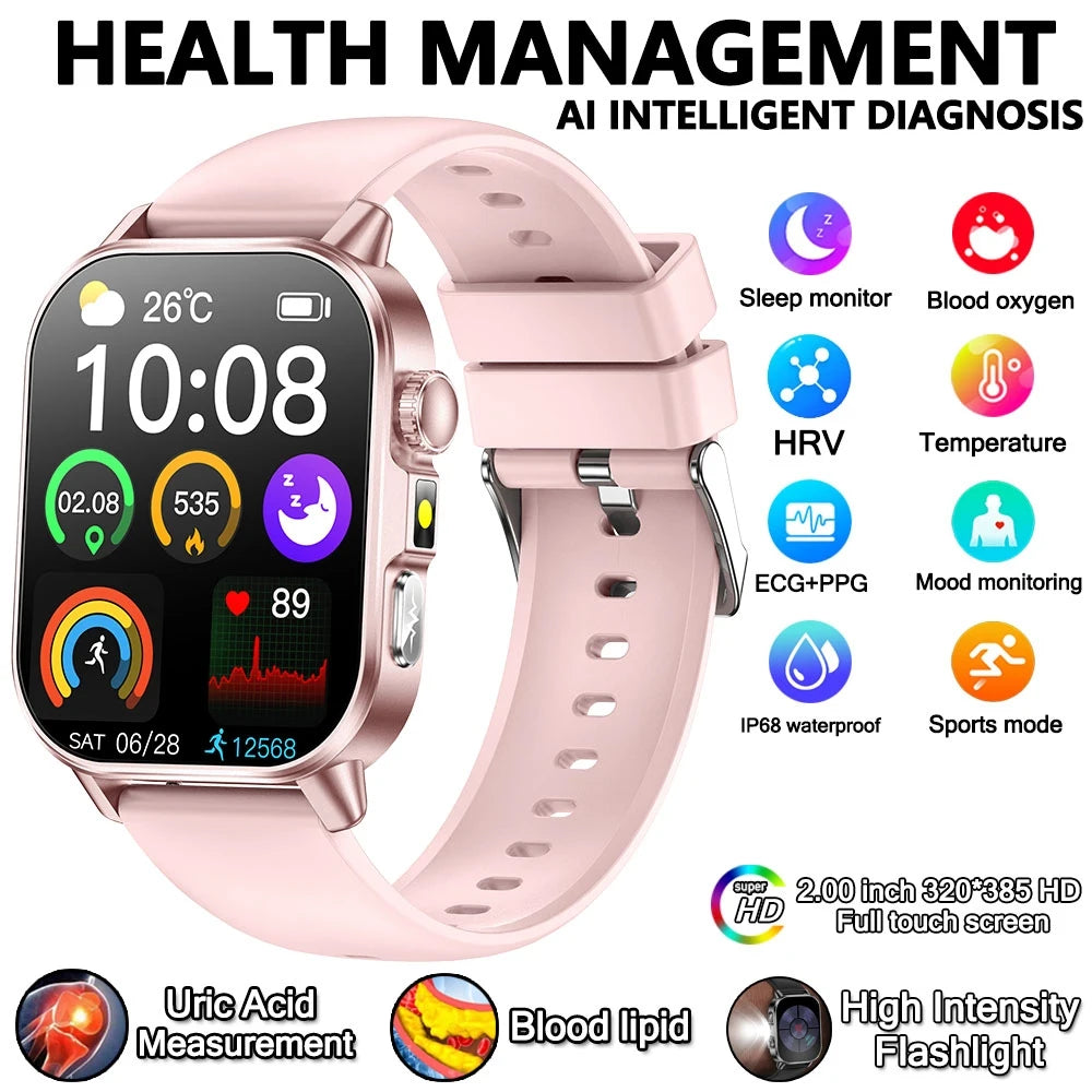 2026 New Health Nursing Grade Smart Watch Men Blood Lipid Uric Acid Tracker ECG+PPG Clock Bluetooth Call Smartwatches Men Women