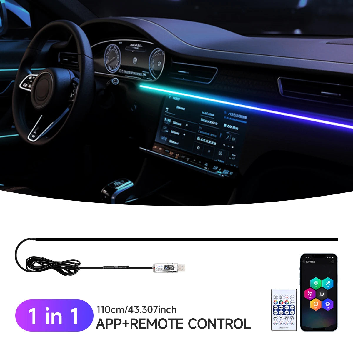 RGB USB Car Interior Ambient Light Rainbow Acrylic Strip LED Symphony APP Music Control Decorative Dashboard Atmosphere Lamp
