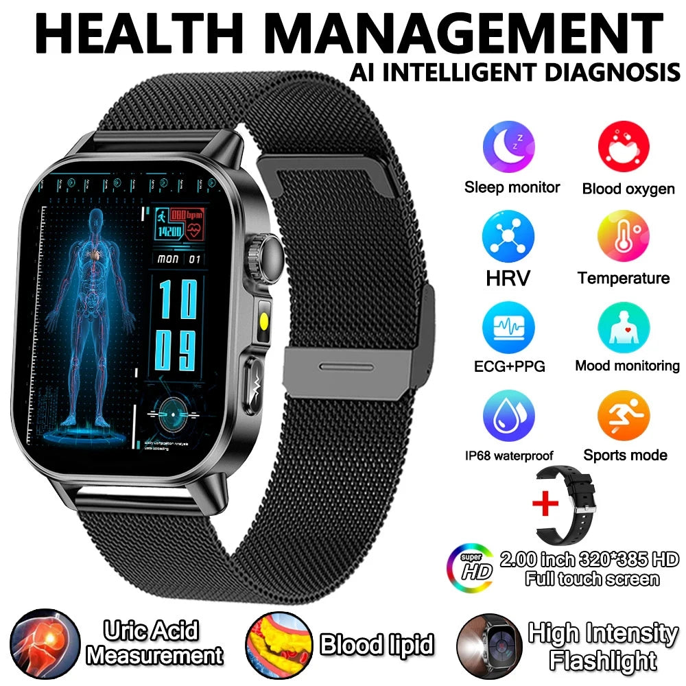 2026 New Health Nursing Grade Smart Watch Men Blood Lipid Uric Acid Tracker ECG+PPG Clock Bluetooth Call Smartwatches Men Women