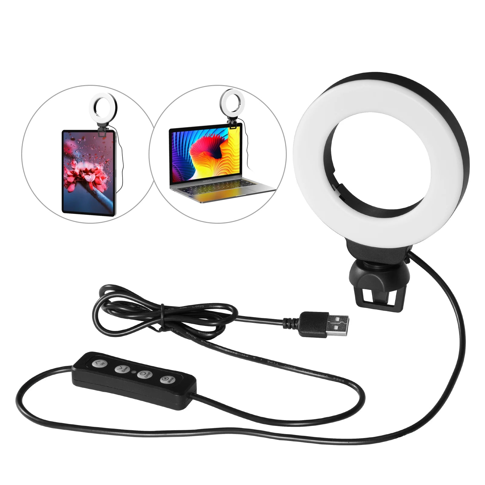 Mini 4 Inch LED Ring Light Clip-on Laptop Video Conference Lighting 3 Lighting Modes 3200K-6500K Dimmable USB Powered for Live S