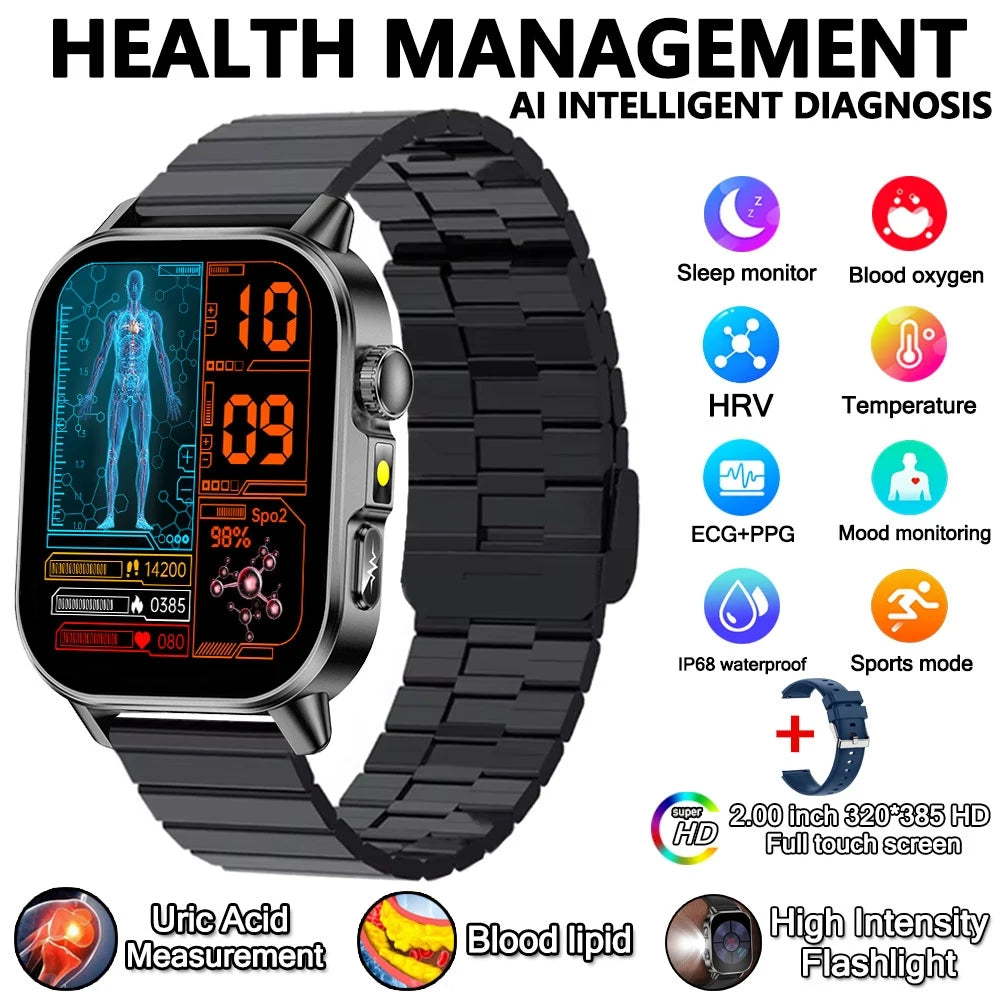 2026 New Health Nursing Grade Smart Watch Men Blood Lipid Uric Acid Tracker ECG+PPG Clock Bluetooth Call Smartwatches Men Women