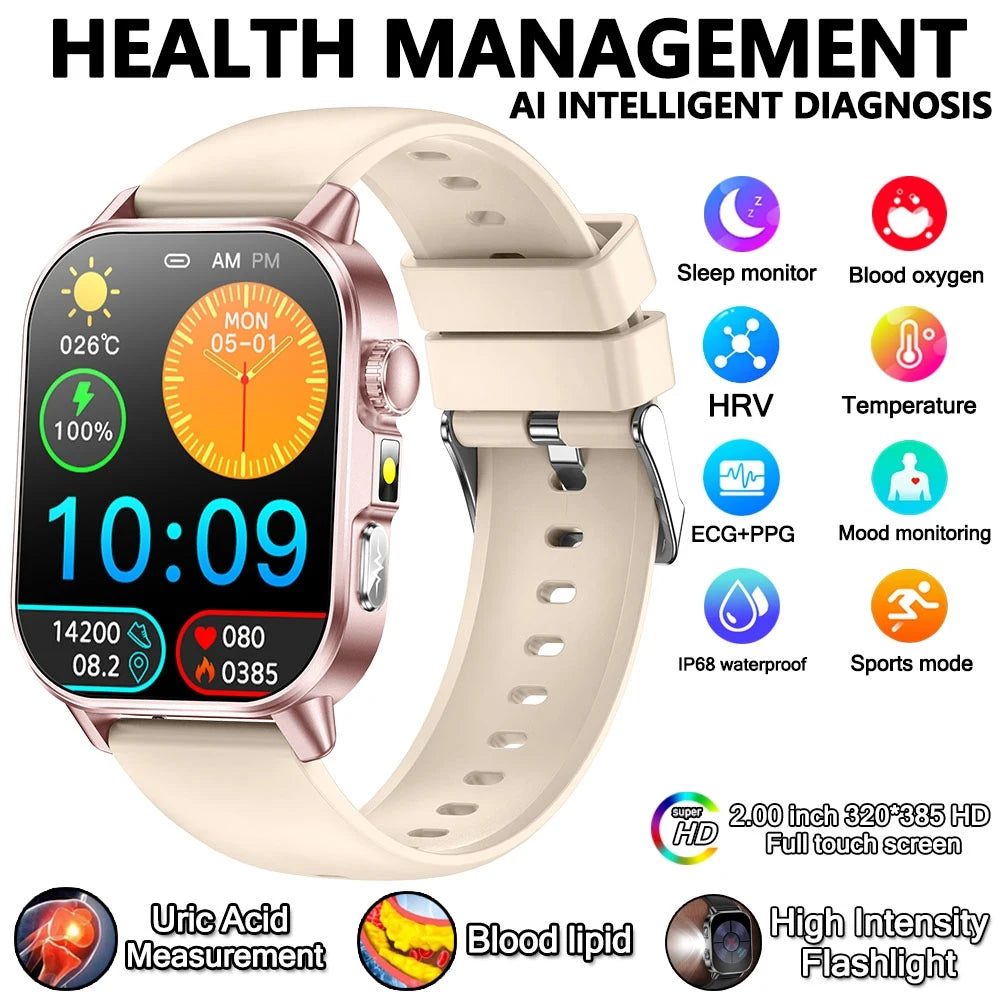 2026 New Health Nursing Grade Smart Watch Men Blood Lipid Uric Acid Tracker ECG+PPG Clock Bluetooth Call Smartwatches Men Women