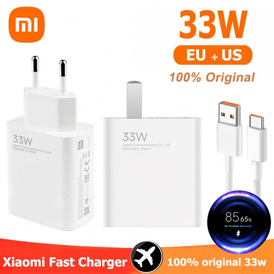 Original Xiaomi 33W Turbo Charger Fast Charge US Adapter For Mi 10T 10S Poco X5 X3 M5S F3 Redmi Note 13 12 Pad Pro EU Cargador