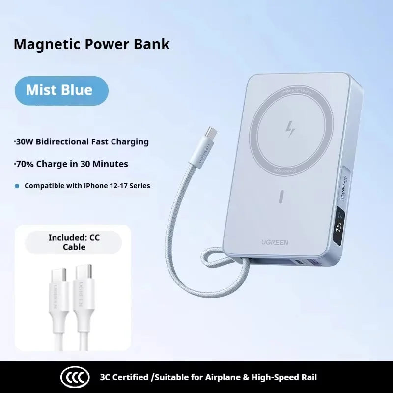 UGREEN 30W Magnetic Power Bank 10000mAh High-Capacity Digital Display Wireless Charging Power Built in USB-C Cable PowerBank CCC