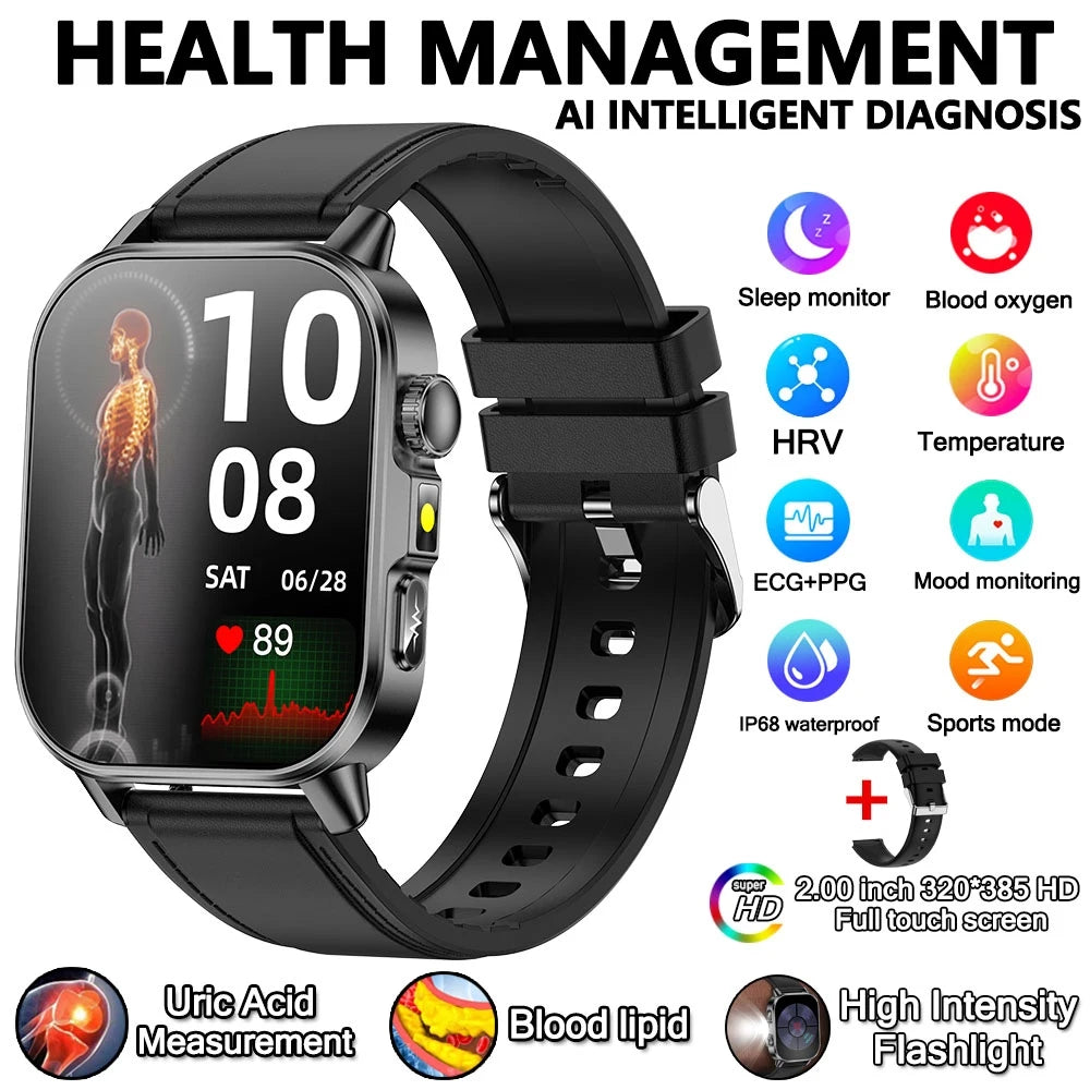 2026 New Health Nursing Grade Smart Watch Men Blood Lipid Uric Acid Tracker ECG+PPG Clock Bluetooth Call Smartwatches Men Women