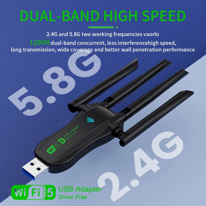 4 Antennas 1200Mbps WiFi USB 3.0 Adapter 2.4G/5GHZ Dual Band WiFi Dongle Wireless Receiver Network Card For PC/Laptop Win 10/11