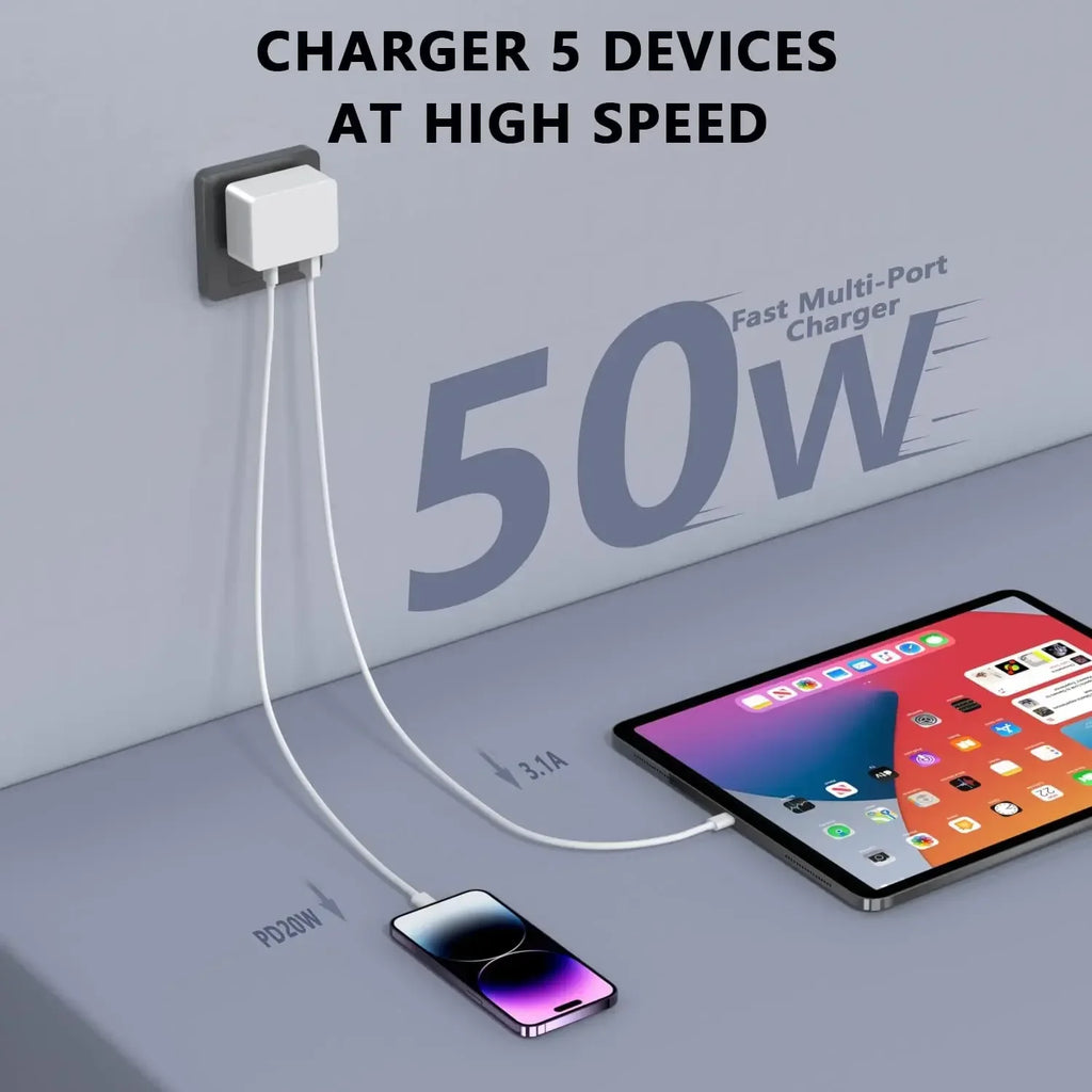 Cargador USB C Charger Cargador Rapido 50W 5 Puertos Bloque de Carga rápida, multicargador USB Carga rapida