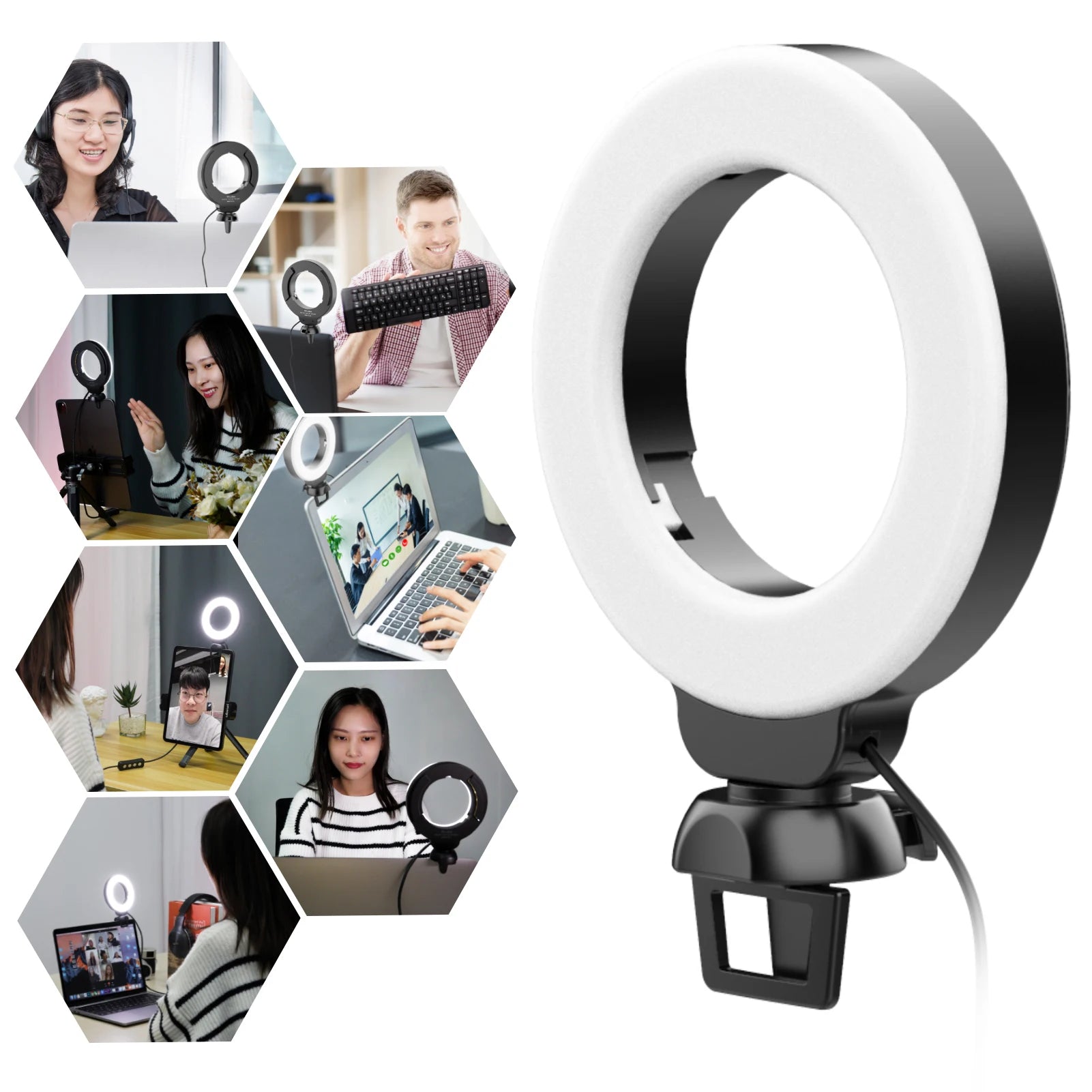 Mini 4 Inch LED Ring Light Clip-on Laptop Video Conference Lighting 3 Lighting Modes 3200K-6500K Dimmable USB Powered for Live S
