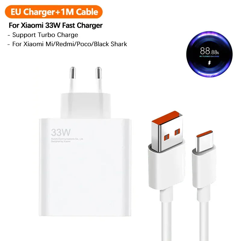 Original Xiaomi 33W Turbo Charger Fast Charge US Adapter For Mi 10T 10S Poco X5 X3 M5S F3 Redmi Note 13 12 Pad Pro EU Cargador