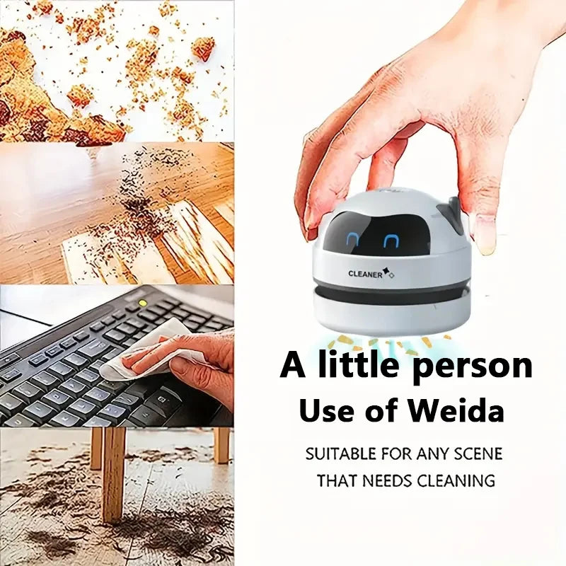 Mini Desktop Vacuum Cleaner Portable USB Rechargeable Battery Powered Robot Cute Shape Silent Pick Up Small Objects Debris Gift