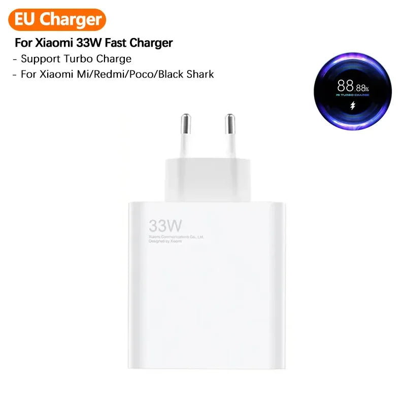 Original Xiaomi 33W Turbo Charger Fast Charge US Adapter For Mi 10T 10S Poco X5 X3 M5S F3 Redmi Note 13 12 Pad Pro EU Cargador