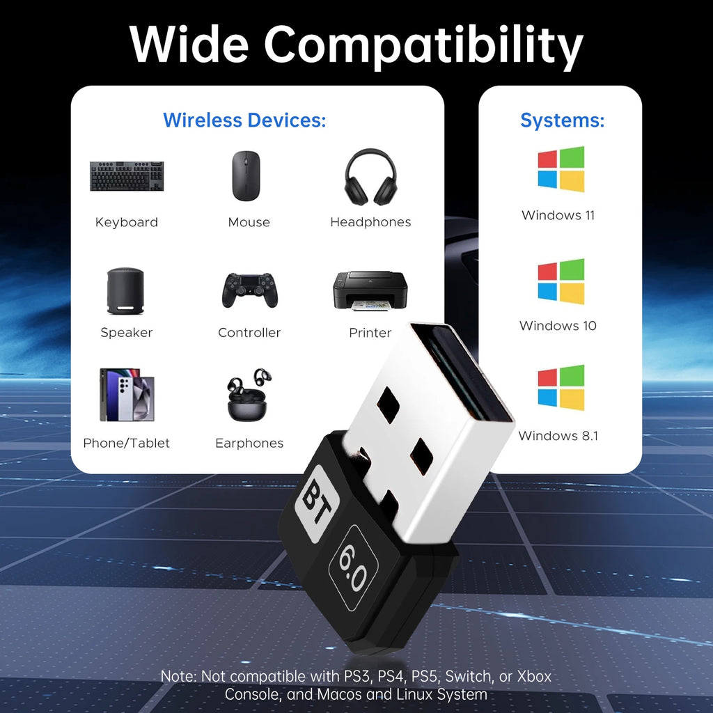 Bluetooth 5.4/6.0 USB Adapter Wireless Audio Transmitter Receiver Mini Dongle For PC Laptop Mini Driver Free Win10 Win11