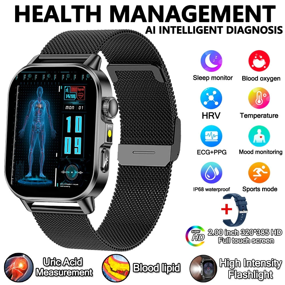 2026 New Health Nursing Grade Smart Watch Men Blood Lipid Uric Acid Tracker ECG+PPG Clock Bluetooth Call Smartwatches Men Women
