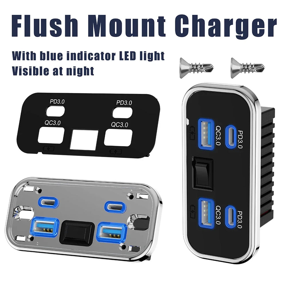 4 Ports 12V RV USB Outlet 76W Dual PD3.0 Type-C Quick Charge & QC3.0 Panel Wall Mount Charger Adapter For Marine Bus ATV Truck