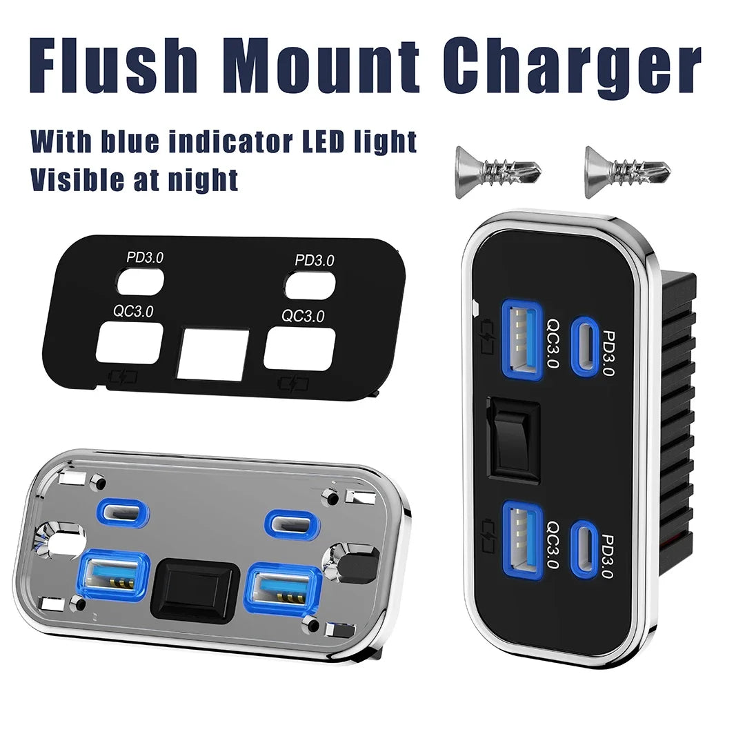 4 Ports 12V RV USB Outlet 76W Dual PD3.0 Type-C Quick Charge & QC3.0 Panel Wall Mount Charger Adapter For Marine Bus ATV Truck