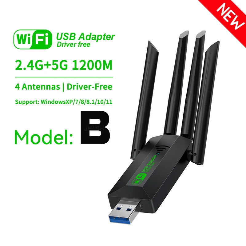 4 Antennas 1200Mbps WiFi USB 3.0 Adapter 2.4G/5GHZ Dual Band WiFi Dongle Wireless Receiver Network Card For PC/Laptop Win 10/11