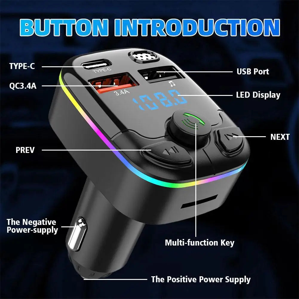 Car Bluetooth 5.0 FM Transmitter PD Type-C Dual USB 3.1A Fast Charger Colorful Ambient Light Handsfree MP3 Modulator Player