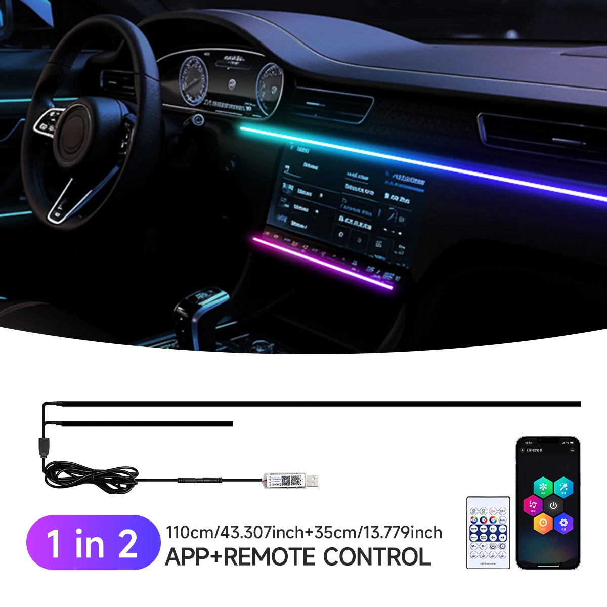 RGB USB Car Interior Ambient Light Rainbow Acrylic Strip LED Symphony APP Music Control Decorative Dashboard Atmosphere Lamp