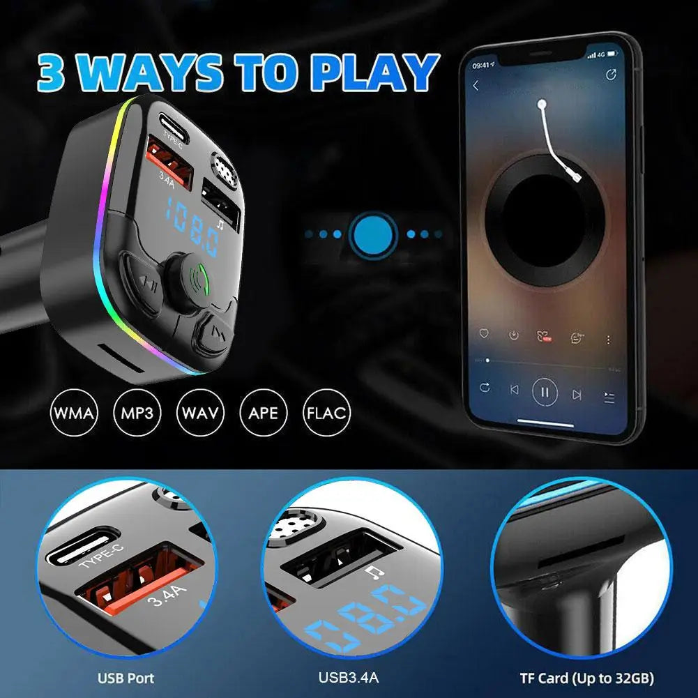 Car Bluetooth 5.0 FM Transmitter PD Type-C Dual USB 3.1A Fast Charger Colorful Ambient Light Handsfree MP3 Modulator Player