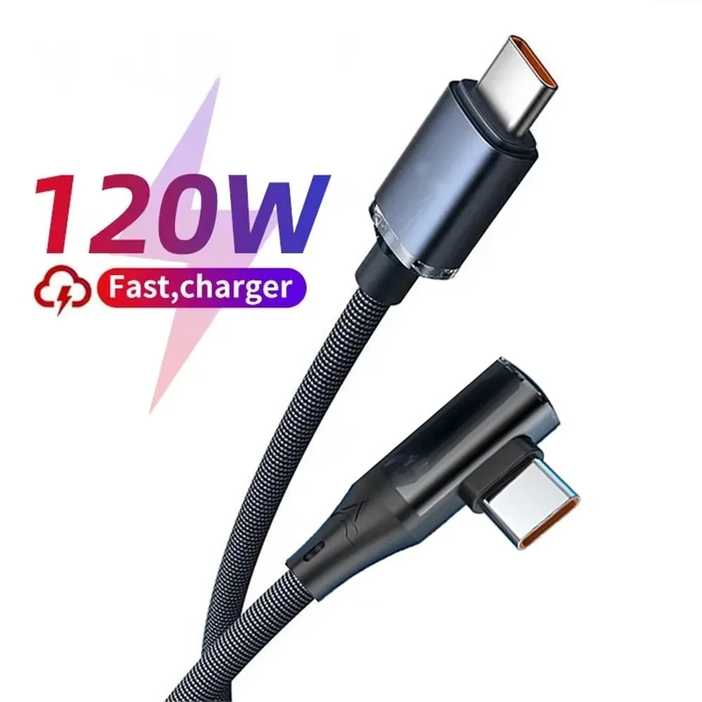 120W 6A USB C To Type C PD Charging Wire Fast Charging Type C To Type C 90 Degree Cable USB-C To USB-C Quick Charging Data Cord
