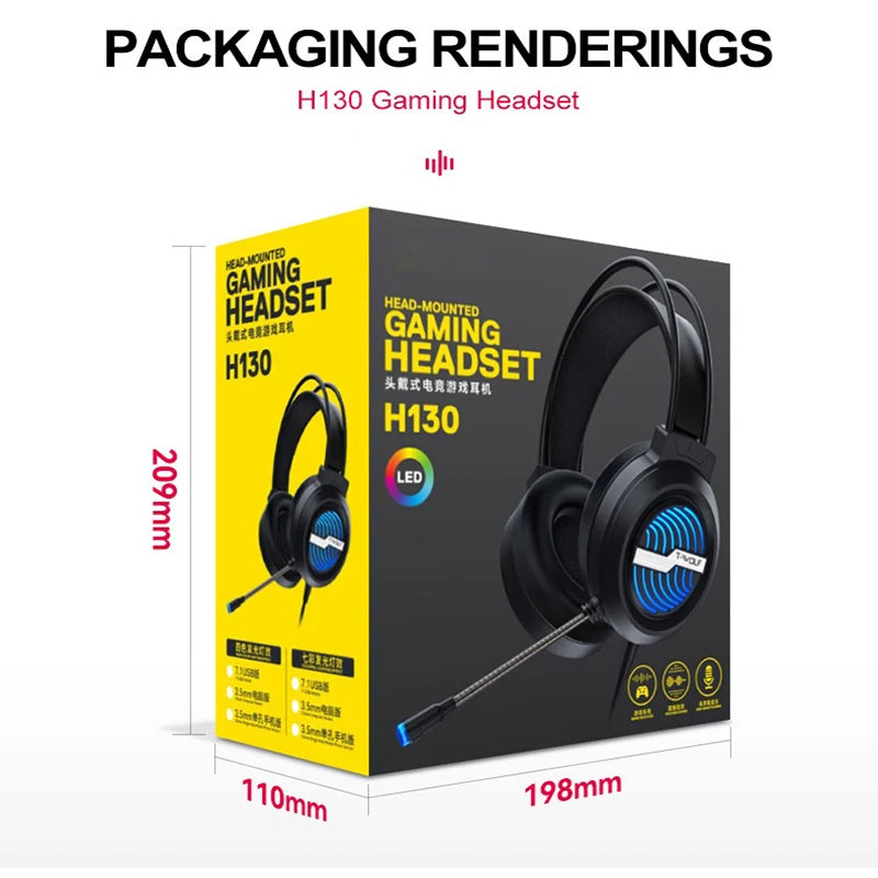 H130 Headset USB Cable Head Mounted Gaming Computer Earphones with Microphone Laptop Music Earphones RGB Backlight Bass Stereo