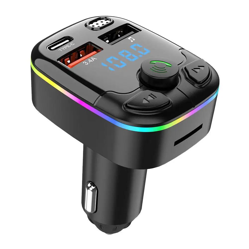 Car Bluetooth 5.0 FM Transmitter PD Type-C Dual USB 3.1A Fast Charger Colorful Ambient Light Handsfree MP3 Modulator Player